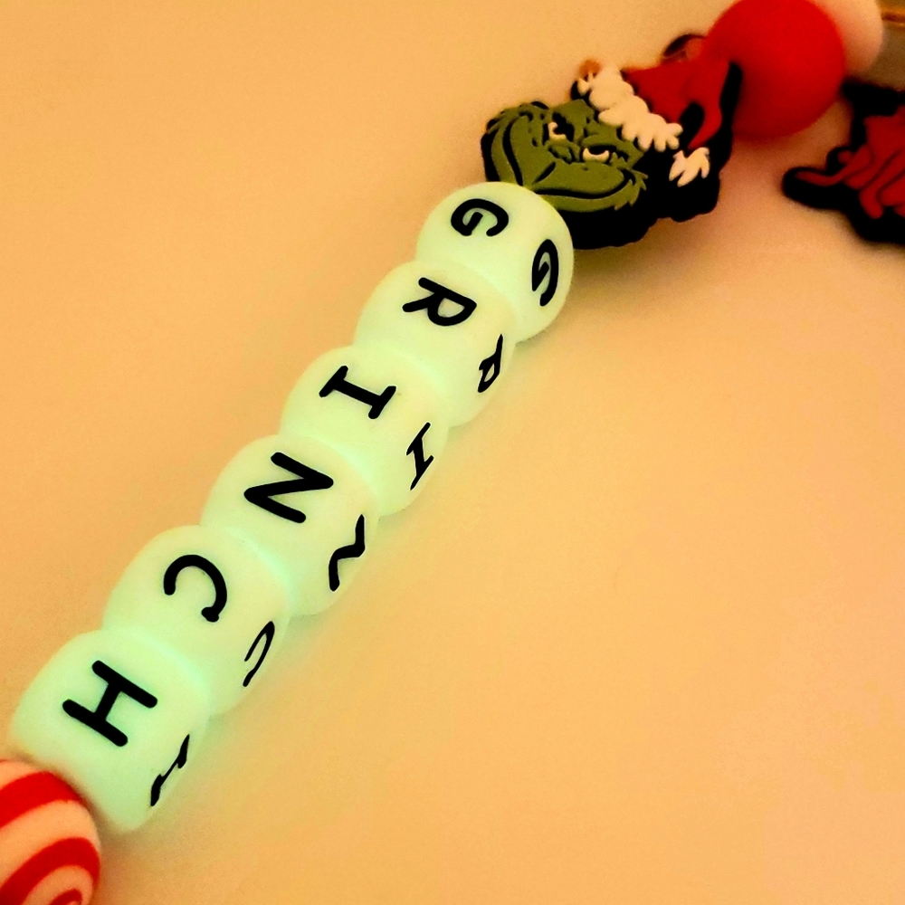 Handmade Long Glow in Dark Holiday Grinch Max Silicone Focal Bead Keychain - Picture 3 of 10